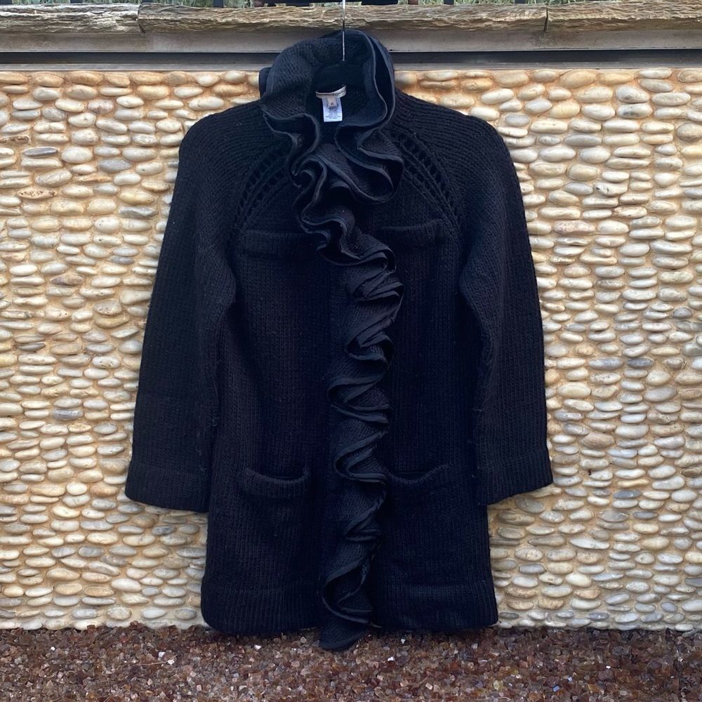 NANETTE LEPORE Black Ruffle Wool/Silk Long Cardigan/Sweater SZ XS VGUC! Winter